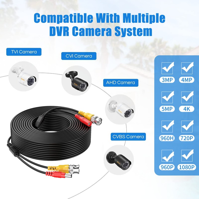 Cocar 20M/65FT Pre-made 2-in-1 BNC Video Power Cables, BNC CCTV