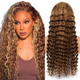 4/27 Ombre Deep wave Lace Front Wigs Human Hair, 13x4 HD Lace Ombre Curly Wig Human Hair, 26 Inch Curly Highlighted Wig Human Hair Glueless Pre Plucked, Honey Blonde Deep Wave Wig 180% Density