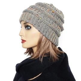 Taidor Messy Bun Ponytail Beanie Hat Colored Dots Cable Knit Cap for Women Girls Winter Grey