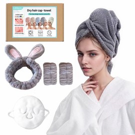 Personal care 5pc set, includes large long hair drying towel, headband and facial mask can be used to open pores - anti-curl drying hair towel with elastic band, perfect set for women (grey)