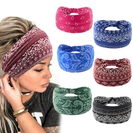 Yeshan Wide Bandana headbands for Women Boho Bandeau Headband Knot Hair Scarf Bands Stretch Floral Printed Non Slip Head bands Elastic Turban Head Wraps Thick African Headband,Pack of 6