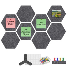 Sliandtelly Hexagon Felt Pin Boards for Office 8 Pack, 12mm Thick Felt Cork Tiles with Push Pins & Sticky Taps for DIY Memo Notice Board, Decorative Display Board for Home Kitchen Bedroom, Dark Grey