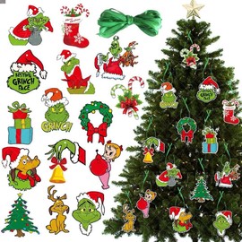 JIMCOM 30Pcs Grinch Christmas Tree Ornament, Christmas Tree Decorations Grinch Pendants for Hanging on Xmas Tree, Christmas Decor Indoor Home Party Gifts