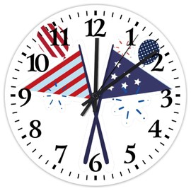 12 Inch Silent Non-Ticking Wall Clocks Battery Operated 4th of July Red Navy Blue American Flag Wall Decor for Kids Room USA Flag Decorative Round Wooden Wall Clock Rustic for Kid's Room Family Room