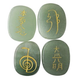Lovionus89 Set of 4 Green Aventurine Engraved Chakra Stones Healing Crystal Reiki Balancing Palm Tree Stone, 25 mm