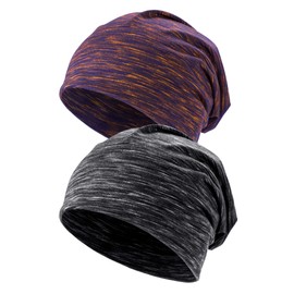 Kiiwah Pack of 2 Beanie Hat for Men and Women Striped Slouch Unisex Knitted Beanie for Spring, Autumn and Winter, Black-and-purple