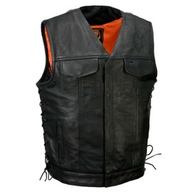 Milwaukee Leather MLM3504 Men's Black 'Pursuit' V Neck Club Style Motorcycle Leather Vest with Adjustable Side Laces - Medium