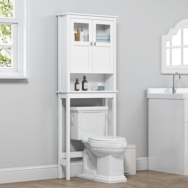 Spirich Bathroom Cabinet Over Toilet, Bathroom Storage Cabinet with Glass Doors and Adjustable Shelves, Over The Toilet Storage Cabinet, White