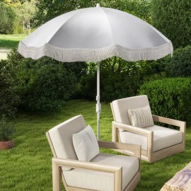 6.5 FT Outdoor Tassel Beach Umbrella with Push Button Tilt & Fringe Premium Beach EquipmentColor: White Color