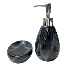 Ceramic Soap Dispenser and Soap Dish Set, Marbled Elegant Bathroom Decor with Non-Slip Base, Modern Hand Wash Bottle & Soap Tray for Bathroom Sink Countertop, Kitchen, Spa (Black)