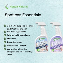 Spotless Essentials 2-in-1 all purpose cleaner and Mite Spray (Lavender Breeze scent)- Multi surface cleaner - Natural bedbug, lice, ants, mites spray- Activates on contact for immediate results- 24oz | Hygea Natural