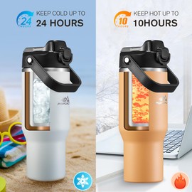 POPOACTI Insulated Tumbler - 32 oz Stainless Steel Water Bottle, Double-Walled Vacuum, BPA-Free, Dishwasher Safe, Flip Straw & Slip Lid, Keeps Drinks Hot & Cold for Hours (White)