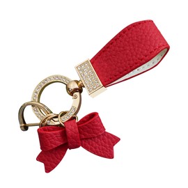 Flygun 1 PC Bling Car Bow Leather Keychain, Rhinestone Keychain Decoration, Universal for Car Handbag Pendant (Gold & Red)
