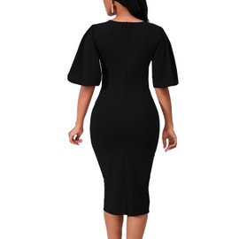 Women's Basic Bodycon Ruffle Flared Short Sleeve Pencil Midi Dress Black