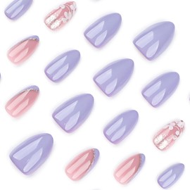 Press On Nails, Floral Little Flower, Short Square Almond Ballet Shape on 24PCs (Light Pruple Flower)