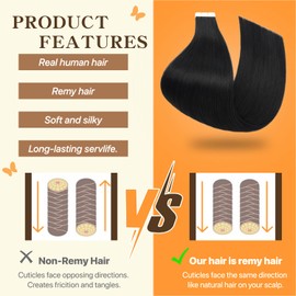 TESSHAIR Human Hair Tape in Extensions,Double Stitched Remy Human Hair Extensions Tape ins,No Tangle & Smooth,22 Inch-10pcs,#01 Jet Black