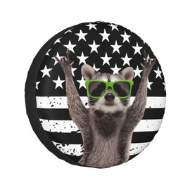 Cute Raccoon Rv Spare Tire Cover Black White American Flag Wheel Tire Cover for Trailers SUV Truck Camper Travel 15 Inch