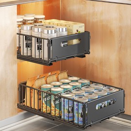 Benustra Slide Out Cabinet Organizer Adhesive, Pull Out Cabinet Organizer Sliding Shelf, 14.7”L x 9.6”W x 3.9”H Heavy Duty Fixed with Nano Film Handle for Kitchen Spice Drawer Organizer (2Pcs)