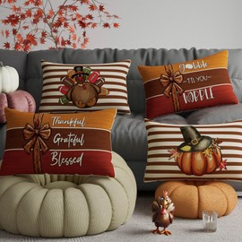 ZAEW Thanksgiving Grateful Blessed Pillow Covers Turkey Pumpkins Lumbar Pillow Cases Set of 4 Fall Decorations for Farmhouse Home Bedroom Sofa Couch Outdoor Holiday Decor 12x20 Inch