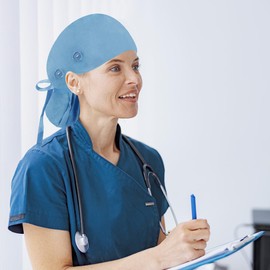 LacksNLids Ponytail Scrub Caps Women with Button, Satin Lined Nurse Caps for Women, Breathable & Adjustable Light Blue