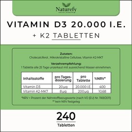 Vitamin D3 K2 High Dose 20,000 - 240 Tablets - Vitamin D 20,000 IU - Vitamin D3 K2 Tablets - Vitamins D3 + K2 High Dose