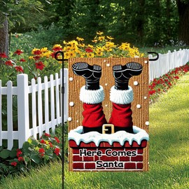 BlissYard Here Comes Santa Garden Flag Winter Garden Flags 12x18 Inch Christmas Chimney Outdoor Decor Polyester Santa Legs Yard Banner Flag Holiday Welcome Flags Festive Home Display