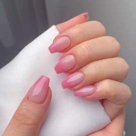 KQueenest Ombre Press on Nails Medium Coffin, French Tip False Nails Short Ballerina, Gradient Nude Pink Fake Nails Press ons, Perfectly Fit, Reusable Gel Stick on Nail for Women Daily Wear 24 Pcs