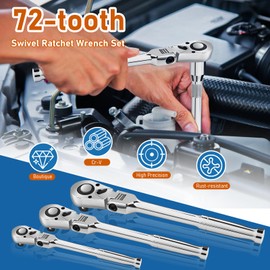 Flex Head Ratchet Set,3-Piece Flex Head 1/4", 3/8", 1/2" Drive with 3-piece Extension Bars,72-Tooth Ratchet,Quick Release Reversible Design,180°Swing