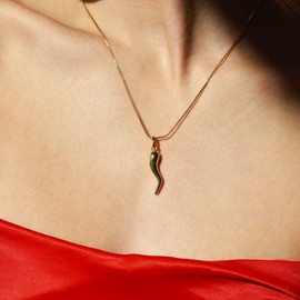 Aurelia Mae 14K Gold Plated Medium Cornicello Italian Horn Pepper Necklace Charm Pendant 18''+2''