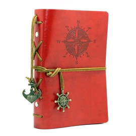 EvZ Leather Writing Journal Notebook, 7 Inches Vintage Nautical Spiral Blank String Diary Notepad Sketchbook Travel to Write in, Unlined Paper, Retro Pendants, Classic Embossed, Red