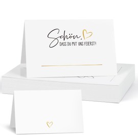 MEJOSER Pack of 50 Place Cards Wedding Birthday Schön dass du mit uns feierst mit Herz 85 x 55 mm Name Cards for Writing Yourself Place Cards Table Decoration for Communion Christening Confirmation