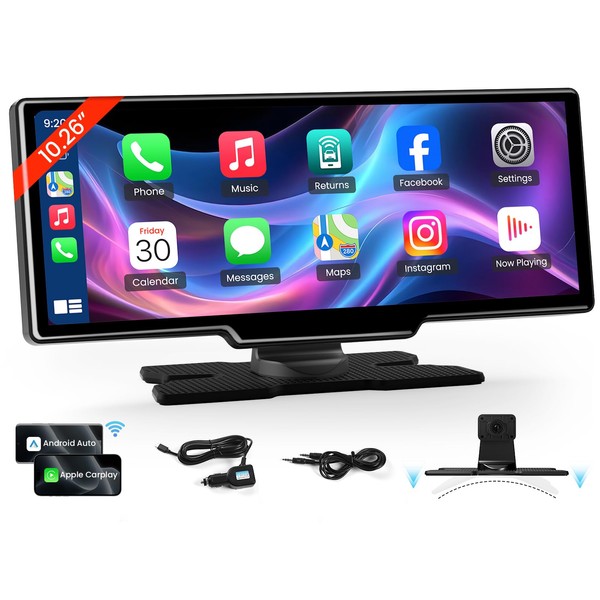 TECXERLLON 10.26" Wireless Carplay Screen for Car, Portable Car Stereo