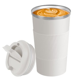 MOYAC Termos para Cafe 510 ml con Diseño de Protector de Mano de Silicona Antideslizante, Termo Agua de Gran Capacidad de Acero Inoxidable, Termo Cafe al Vacío para Preparar Leche, Café, Té (Blanco)
