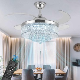 42 Inch Chandelier Crystal Ceiling Fans with Lights, Reversible Fandelier Dimmable LED Remote Control Retractable Ceiling Light Kits with Fans for Living Room Bedroom - Color: Gold