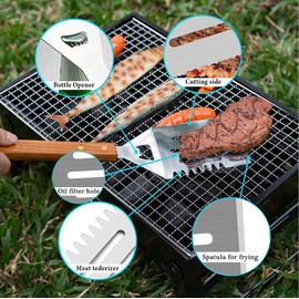 SylviaQian BBQ Grill Tools Set Stainless Steel, BBQ Grilling Accessories with Wood Handles, Barbecue Grill Utensils for Outdoor, Ideal BBQ Tools Gift for Grilling Lover. (3B)
