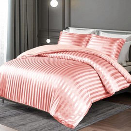 Whale Flotilla 3-Piece Reversible Silky Soft Queen Comforter Set, Luxury Stripe Satin Comforters Full Size Bedding Set with 2 Satin Pillowcases, Lightweight Duvet for All Seasons, Pink