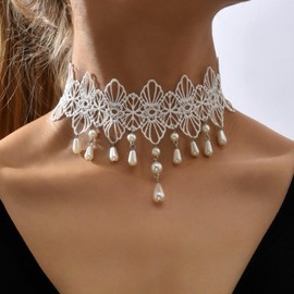 CHIC DIARY Gothic Lace Choker for Girls Women, White Lolita Lace Collar with Beads Dangle, Vintage Necklace Lace Collar Pearl Collar for Carnival Fancy Dress (White B)