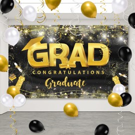 32 Pcs Graduation Party Decorations 2024 - Large Congrats Grad Banner Backdrop+Balloons+Hanging Swirls Decor Set for Graduation Party Supplies Black and Gold Graduation Banner for Class 2024