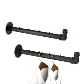 IBUYKE 2 Pcs 15.7 Inch Industrial Pipe Clothes Bar, Multifunctional Wall Mounted Clothes Rail, Heavy Duty Space-Saving Hanging Closet Rod for Bedroom Bathroom, Black TYJ008H-2