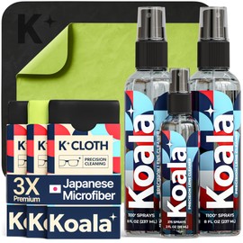 Koala Eyeglass Lens Cleaner Spray Kit | (2x) 8oz + (1x) 2oz Glasses Cleaner Bottle + (3x) Microfiber Cloth | Alcohol Free Eyeglasses, Screen, and Camera Cleaning Kit (6 Piece Set)