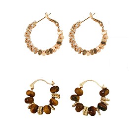 Retro-Inspired 14k Gold Plated Huggies Hoop Dangle Earrings for Women with Tiger Eye Stone & Rhinestone Sparkle 925 Silver Post Click-Top Closure