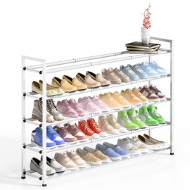 Bumusty 5-Tier Long Expandable Shoe Rack for Closet, 18"-44" Adjustable Shoe Rack for Entryway, 25-30 Pairs Large Shoe Organizer Shelf Storage, Sturdy Metal, White