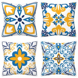 Blue Throw Pillow Covers 18x18 Set of 4 Blue and Yellow Floral Printed and Boho Farmhouse Retro Decorative Throw Pillow Cushion Covers for Sofa Bed Indoors Home Decor
