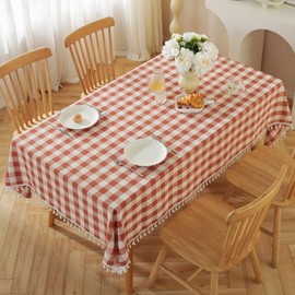 Cotton Linen Buffalo Plaid Tablecloth Rectangle Checkered Table Cloth with Tassel Washable Gingham Table Cover for Dining Kitchen, Red, 55 x 86 Inch