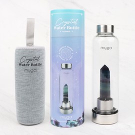 Myga Fluorite Crystal Water Bottle - 500ml Glass Drinks Bottle with Natural Healing Crystal & Neoprene Sleeve for Wellness & Self-Care - Gemstone: Fluorite