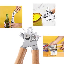 Willoghsa Manual Can Opener Made of Metal with Wooden Handle, Hand Can Opener with Sharp Blade and Smooth, Hand Can Opener, Durable, Easy to Use