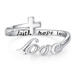 Love Ring,Love Cross Rings,S925 Sterling Silver Adjustable Faith Hope Love Wrap Inspiring Ring Faithful Christian Band Ring for Women