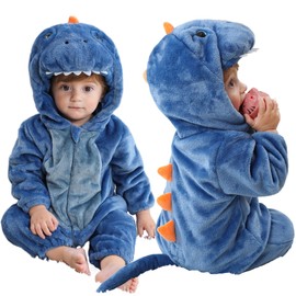 MICHLEY Unisex Baby Boy Girl Hooded Romper Winter Animal Cosplay Jumpsuit Outfits, Blue Dinosaur, 19-24months, Size 100