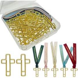 40 Pack Cross Paper Clips and Bookmark Ribbons Set. 30 pcs Gold Bible Paperclips, 10 pcs Christian Ribbons, Bible Study Supplies Accessories. Valentines Day Gifts Idea.