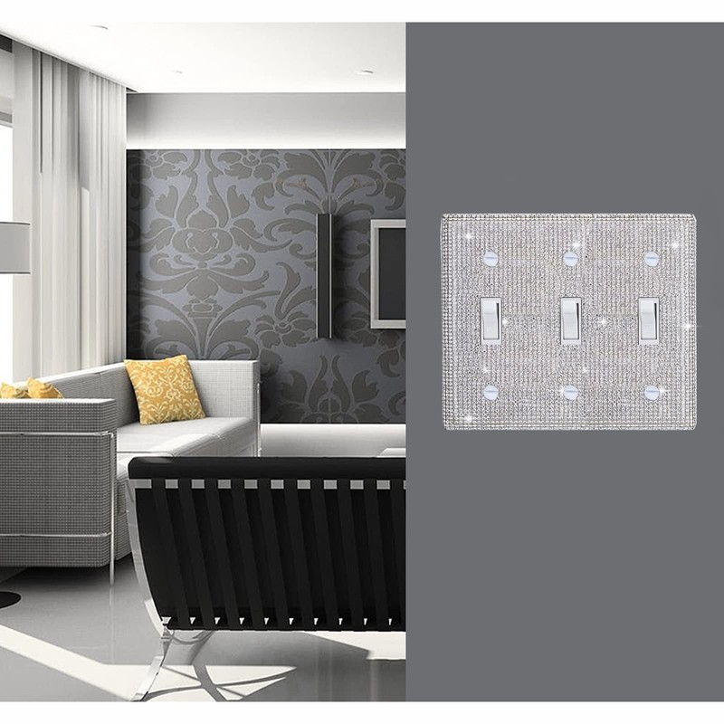 Shiny Silver Rhinestones Wall Plate Cover Triple Toggle Light Switch